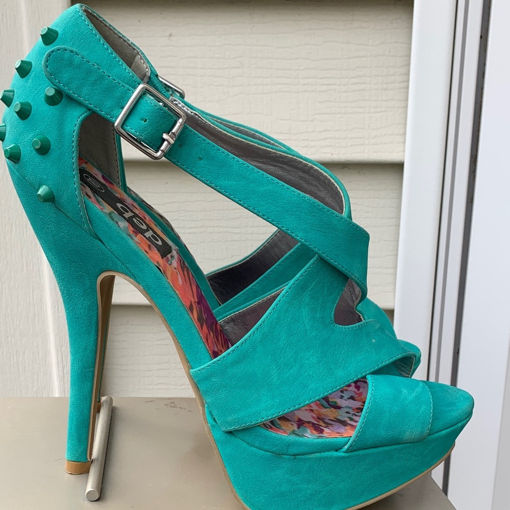 Deb Teal green heels studded stilettos open toe 10 strappy sexy stripper shoes